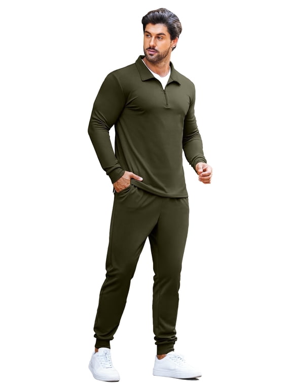 Men's 2 Piece Sweatsuits Quarter Zip Athletic Polo Tracksuit Casual Running Jogging Sport Suit Sets