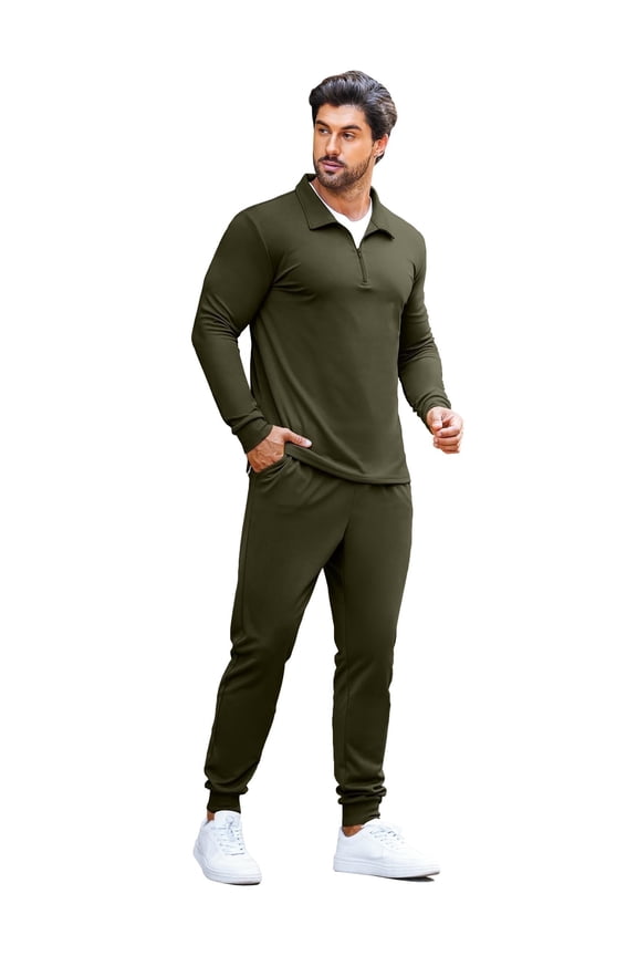 Men's 2 Piece Sweatsuits Quarter Zip Athletic Polo Tracksuit Casual Running Jogging Sport Suit Sets