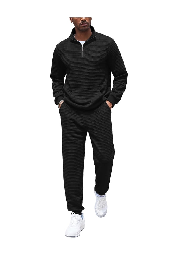 Men's Tracksuit 2 Piece Quarter Zip Sweatsuit Workout Plaid Jacquard Jogging Suit Set