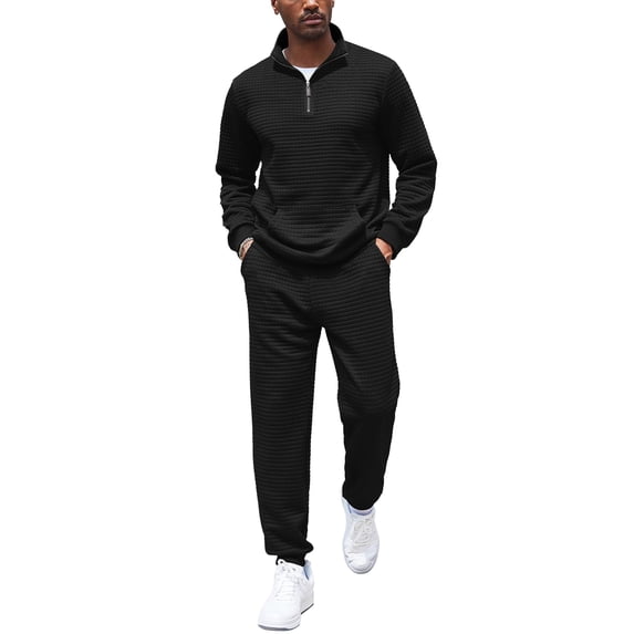 COOFANDY Men's Tracksuit 2 Piece Quarter Zip Sweatsuit Workout Plaid Jacquard Jogging Suit Set
