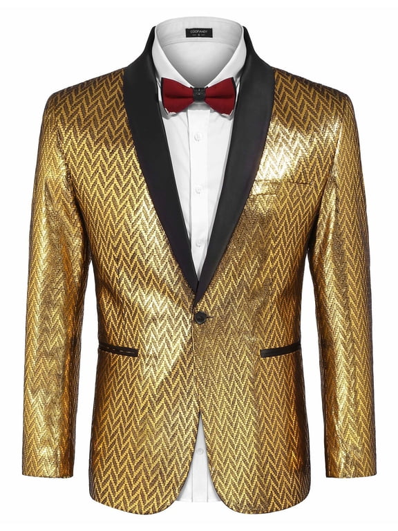 Mens Tuxedo Jacket One Button Gold Blazer Shawl Lapel Suit Jacket Dinner Coats for Party Prom Wedding