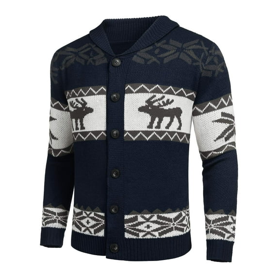 Men's Christmas Cardigans Ugly Xmas Sweaters Reindeer Snowflake Shawl Collar Knitted Cardigan Sweater