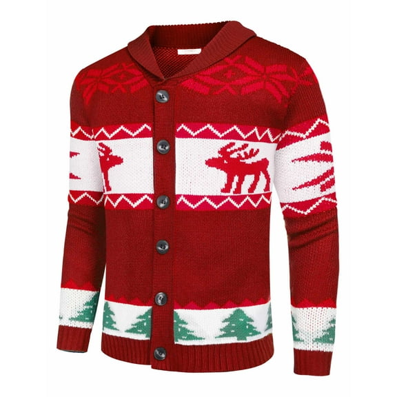 Men's Christmas Cardigans Ugly Xmas Sweaters Reindeer Snowflake Shawl Collar Knitted Cardigan Sweater
