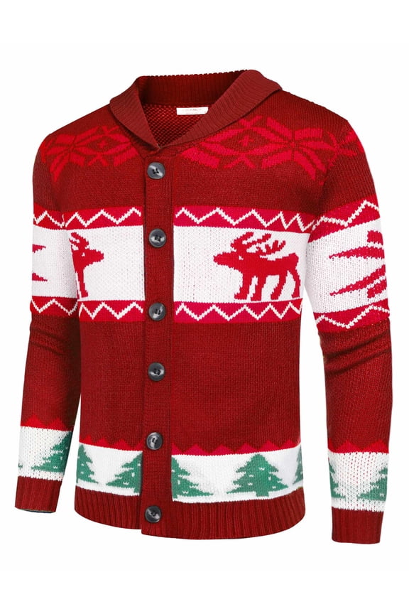 Men's Christmas Cardigans Ugly Xmas Sweaters Reindeer Snowflake Shawl Collar Knitted Cardigan Sweater