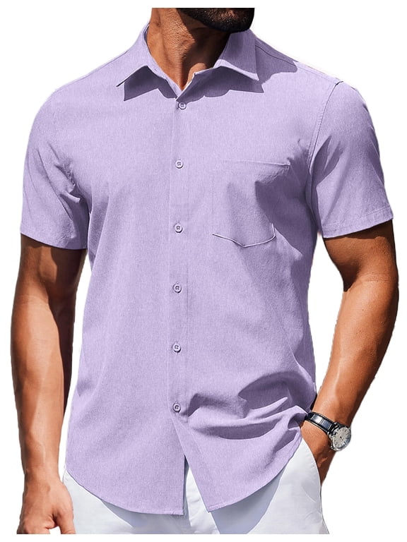 Men's Untucked Shirts Short Sleeve Casual Wrinkle Free Dress Shirts Summer Beach Textured Shirts with Pocket