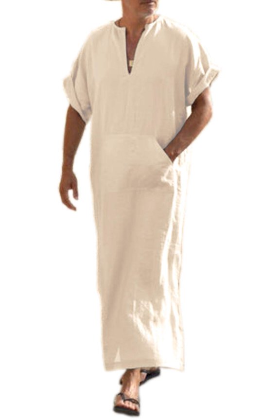 Men's V-Neck Linen Robe Short Sleeve Kaftan Thobe Long Gown Casual Shirt for Beach