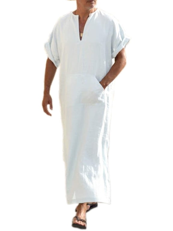Men's V-Neck Linen Robe Short Sleeve Kaftan Thobe Long Gown Casual Shirt for Beach