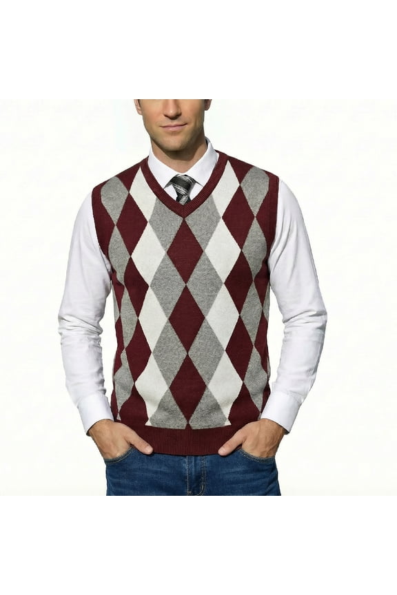 Men's V Neck Sleeveless Plaid Slim Fit Knitted Pullover Vest
