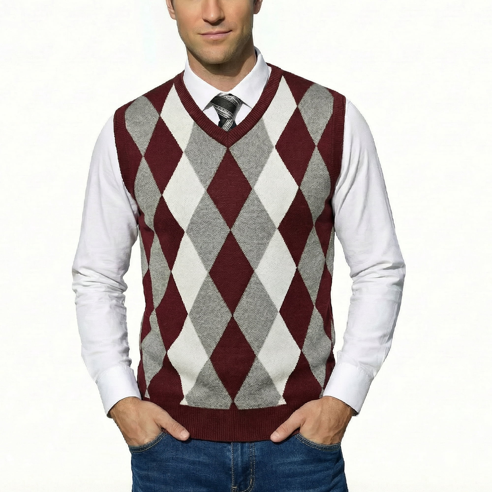 Coofandy Men's Casual Slim Fit V-neck Rhombus Business Knitwear Sweater Vest,X-Large,Wine Red
