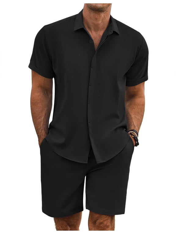 Men's Summer Beach Outfits 2 Piece Short Sleeve Shirts and Shorts Vacation Texture Linen Sets for Men