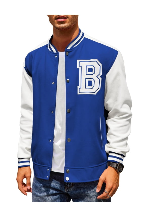Men Blue and White Varsity Lightweight Jacket B Letterman Letters Jacket Winter Bomber Jacket