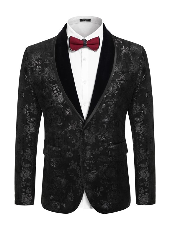 Mens Velvet Blazer Regular Fit Floral Tuxedo Black Suit Jacket for Prom