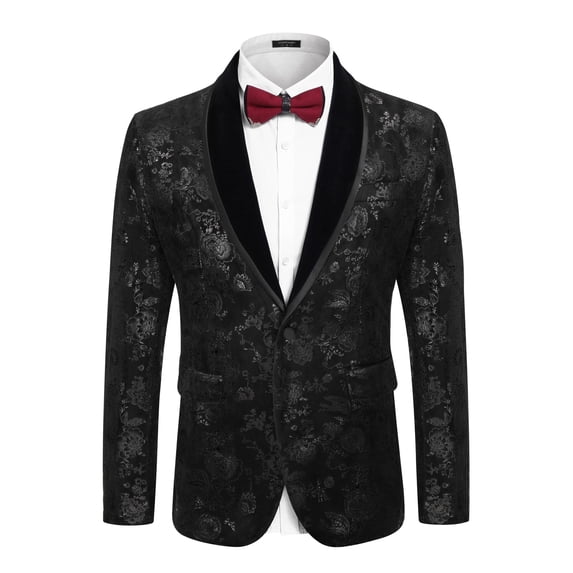 COOFANDY Mens Velvet Blazer Black Floral Tuxedo Jacket Regular Fit Party Dinner Jacket