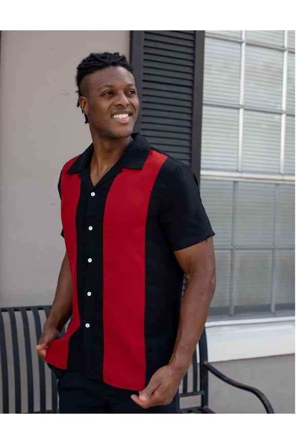 Mens Short Sleeve Shirts Casual Button Up Shirt 50s Style Bowling Shirt