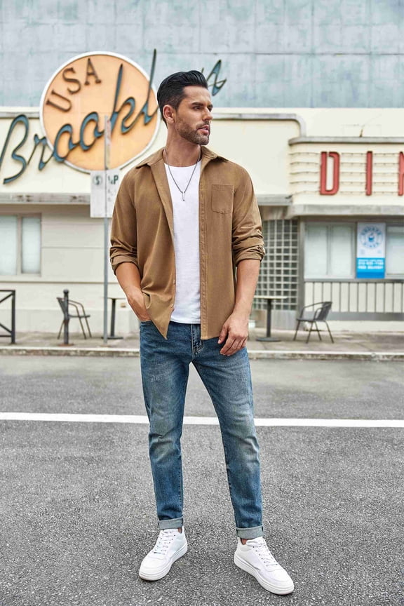 Men's Waffle Button Down Shirts Casual Long Sleeve Shacket Jacket with Pockets