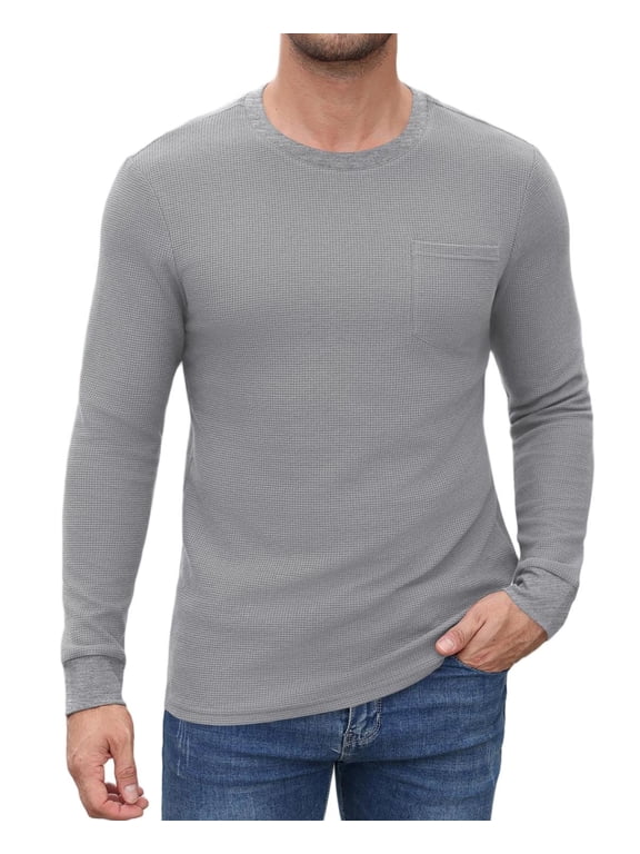 Men's Waffle Knit Long Sleeve T-Shirt, Crew Neck Thermal Pullover with Chest Pocket, Slim Fit Soft Casual Shirt for Fall Winter Daily Wear