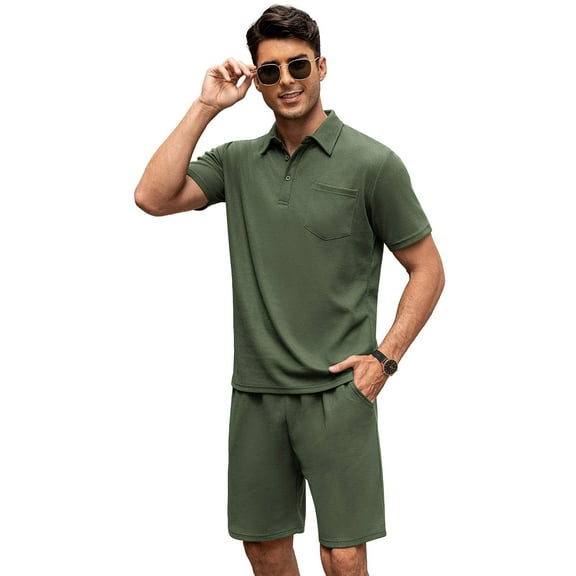 COOFANDY Men's Waffle Knit Polo Shirt and Shorts Set 2 Pieces Outfits Summer Suit Casual Tracksuit with Pockets Army Green L