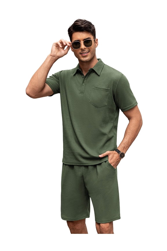 Men's Waffle Knit Polo Shirt and Shorts Set 2 Pieces Outfits Summer Suit Casual Tracksuit with Pockets Army Green M