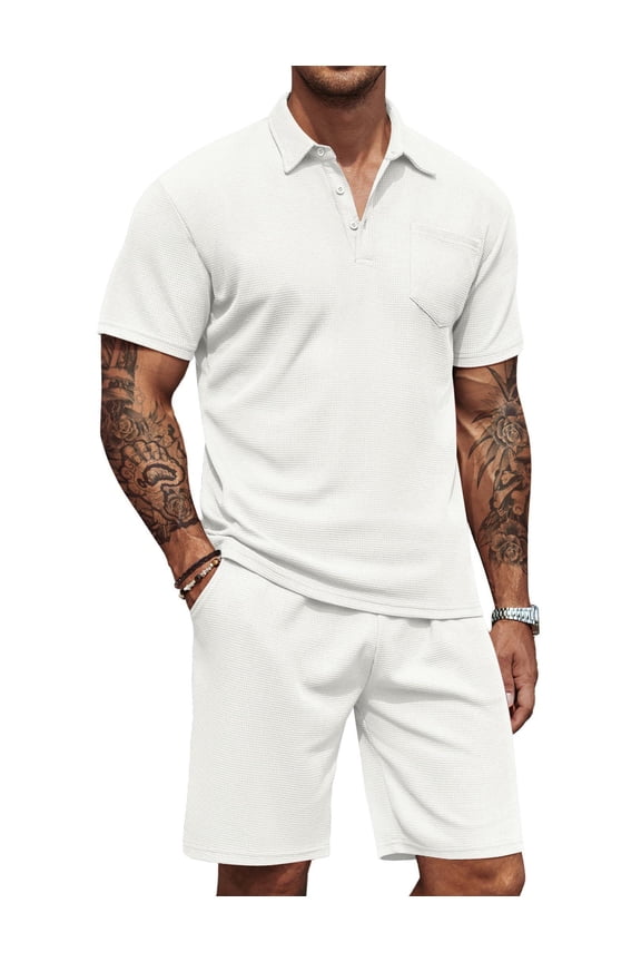 Men's Waffle Knit Polo Shirt and Shorts Set 2 Pieces Outfits Summer Suit Casual Tracksuit with Pockets