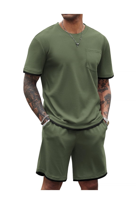 Men's Waffle Shirt and Shorts Set 2 Piece Outfits Casual Summer Tracksuits Set with Pockets