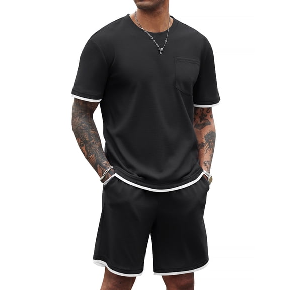 COOFANDY Men's Waffle Shirt and Shorts Set 2 Piece Outfits Casual Summer Tracksuits Set with Pockets