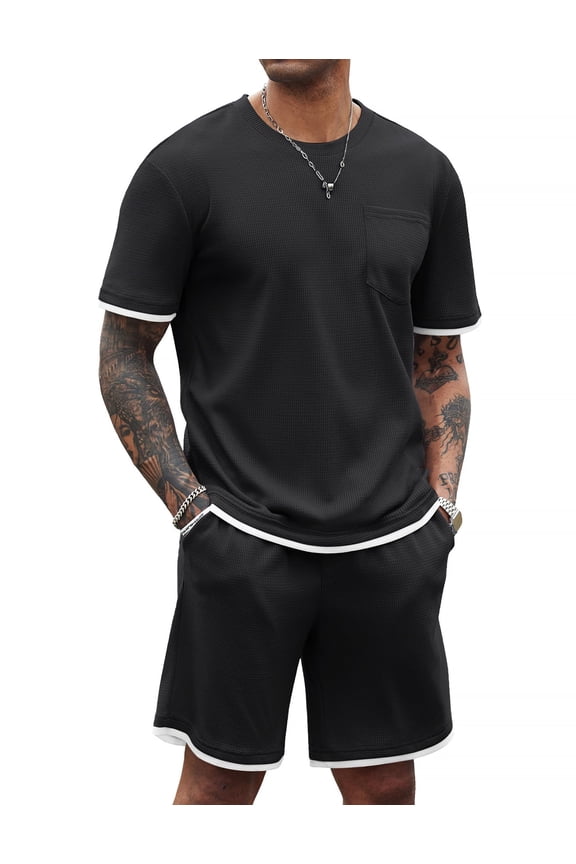 Men's Waffle Shirt and Shorts Set 2 Piece Outfits Casual Summer Tracksuits Set with Pockets