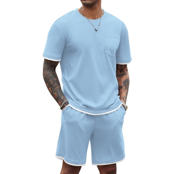COOFANDY Men's Waffle Shirt and Shorts Set 2 Piece Outfits Casual Summer Tracksuits Set with Pockets