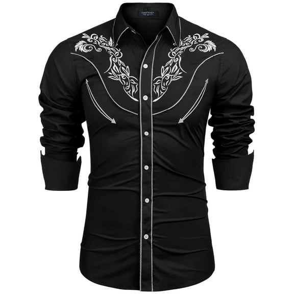 COOFANDY Men's Western Cowboy Embroidered Halloween Shirts Long Sleeve Slim Fit Cotton Button Down Shirt