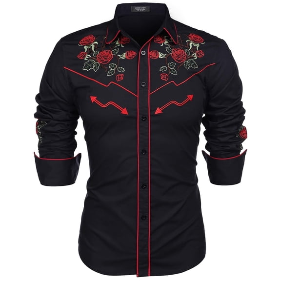 COOFANDY Men's Western Cowboy Shirt Embroidered Long Sleeve Cotton Casual Button Down Shirt