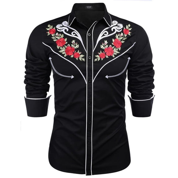 COOFANDY Men's Western Cowboy Shirt Embroidered Long Sleeve Cotton Casual Button Down Shirt