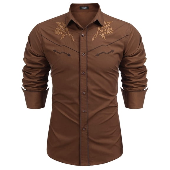 COOFANDY Men's Western Cowboy Shirt Embroidered Long Sleeve Cotton Casual Button Down Shirt
