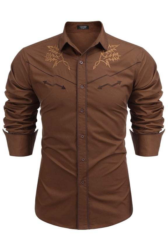 Men's Western Cowboy Shirt Embroidered Long Sleeve Cotton Casual Button Down Shirt