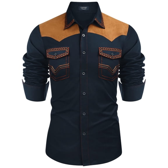 COOFANDY Men's Western Cowboy Shirt Embroidered Long Sleeve Slim Fit Casual Button Down Hippie Shirts with Pockets