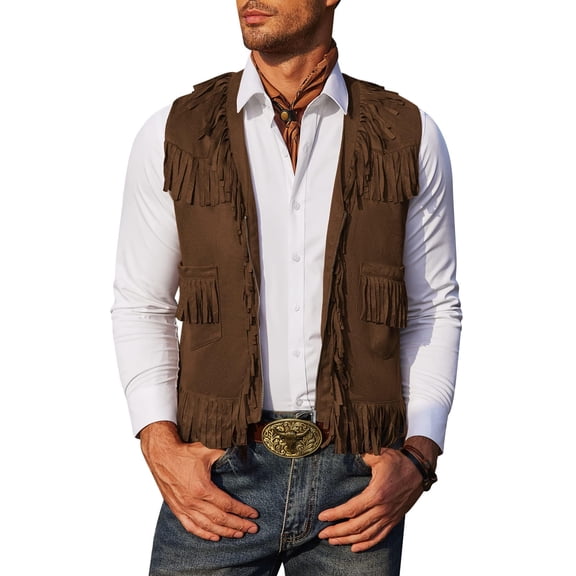 COOFANDY Men's Western Cowboy Vest Casual Fringe Hippie Costume V Neck Zipper Suede Leather Waistcoat