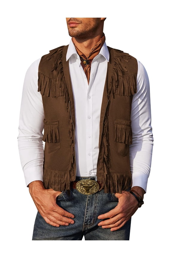 Men's Western Cowboy Vest Casual Fringe Hippie Costume V Neck Zipper Suede Leather Waistcoat