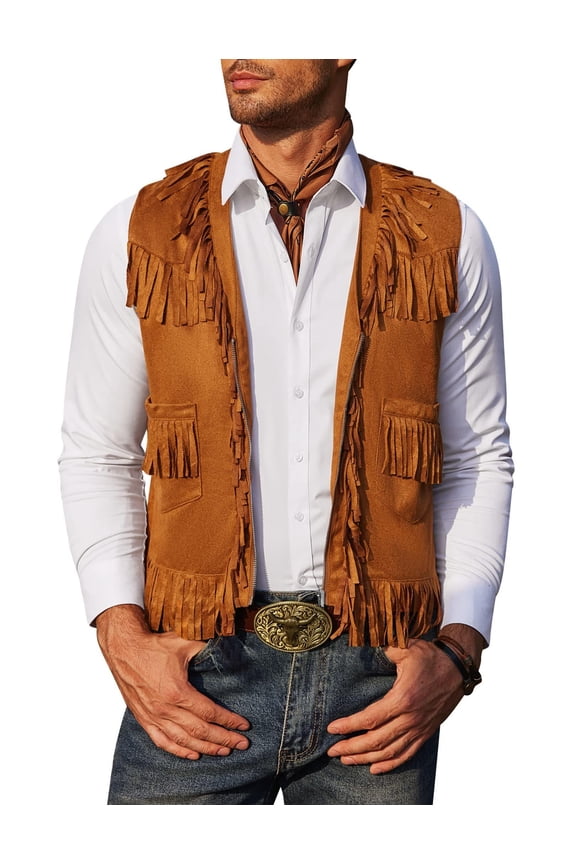 Men's Western Cowboy Vest Casual Fringe Hippie Costume V Neck Zipper Suede Leather Waistcoat