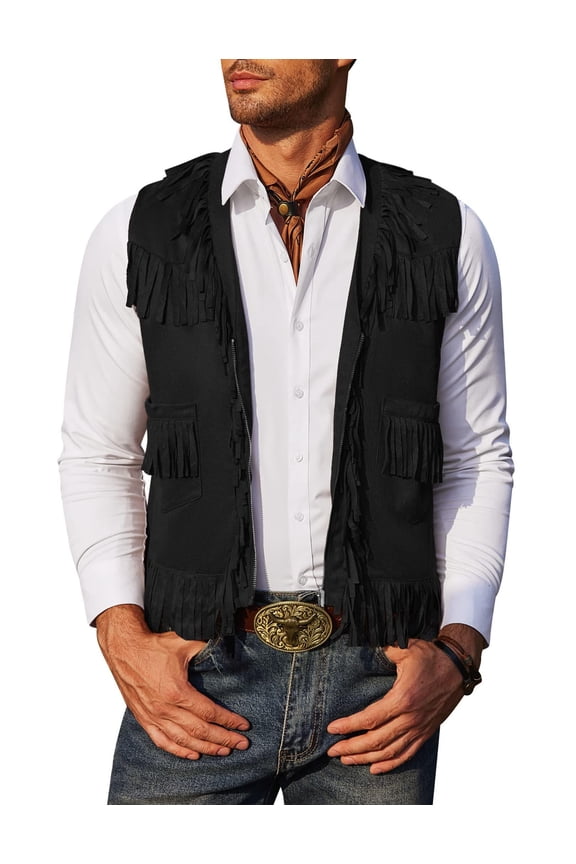 Men's Western Cowboy Vest Casual Fringe Hippie Costume V Neck Zipper Suede Leather Waistcoat