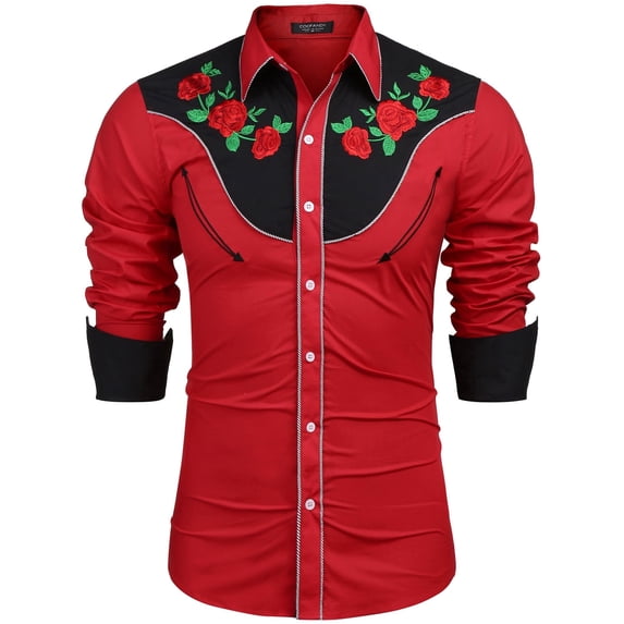 COOFANDY Men's Western Shirts Embroidered Cowboy Shirt Long Sleeve Slim Fit Halloween Shirts