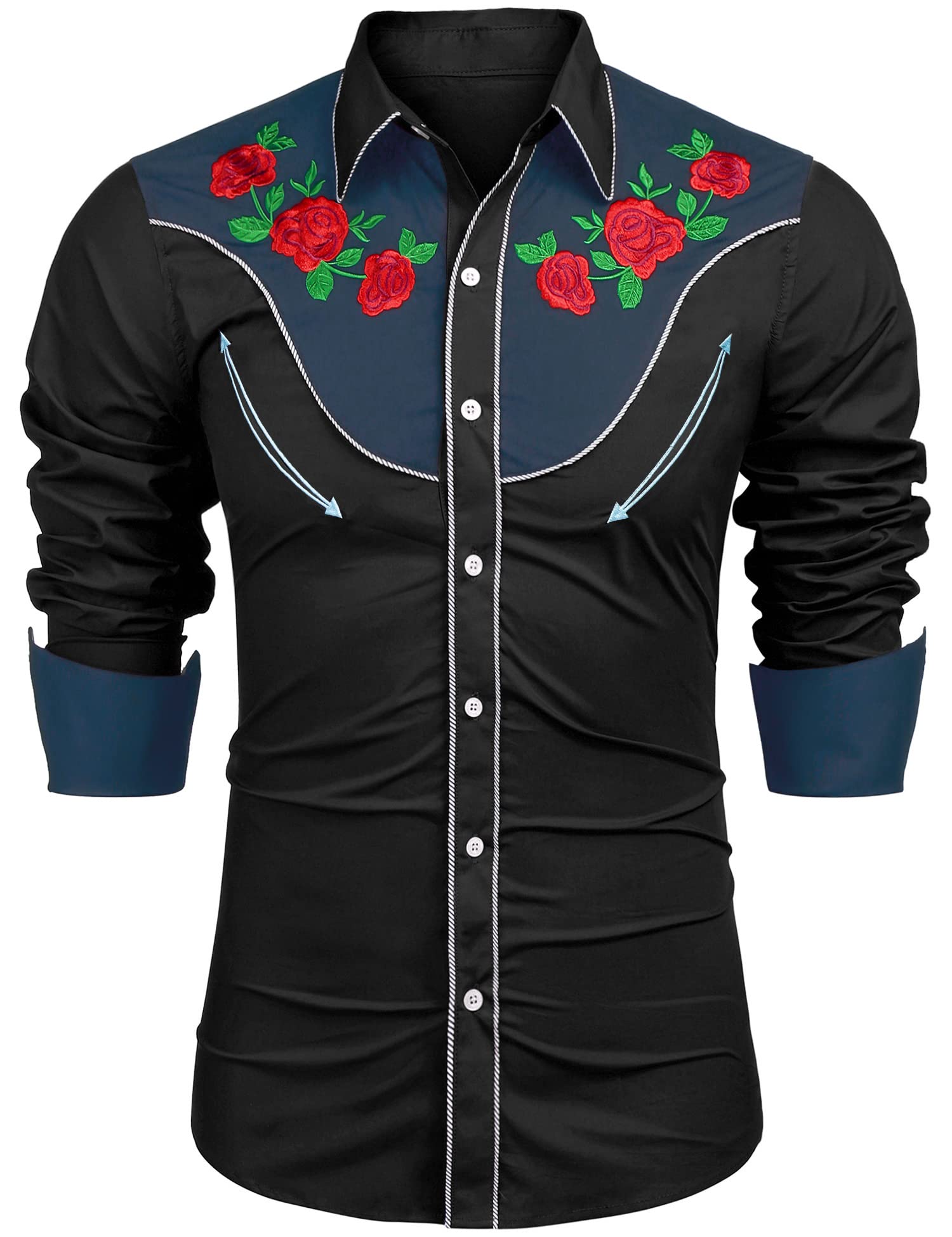 COOFANDY Men's Western Shirts Embroidered Cowboy Shirt Long Sleeve Slim Fit Halloween Shirts
