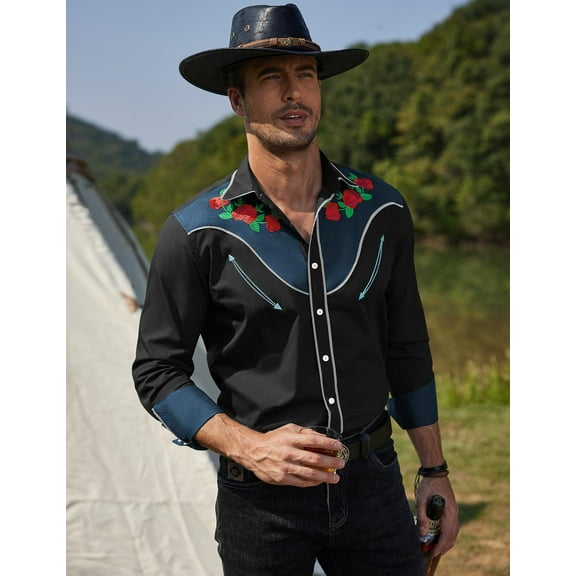 COOFANDY Mens Shirts Floral Embroidered Western Cowboy Shirt Cotton Casual Button Down Work Shirts