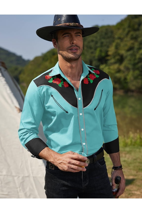 Mens Shirts Stylish Casual Rose Floral Embroidered Western Cowboy Button Down Shirts