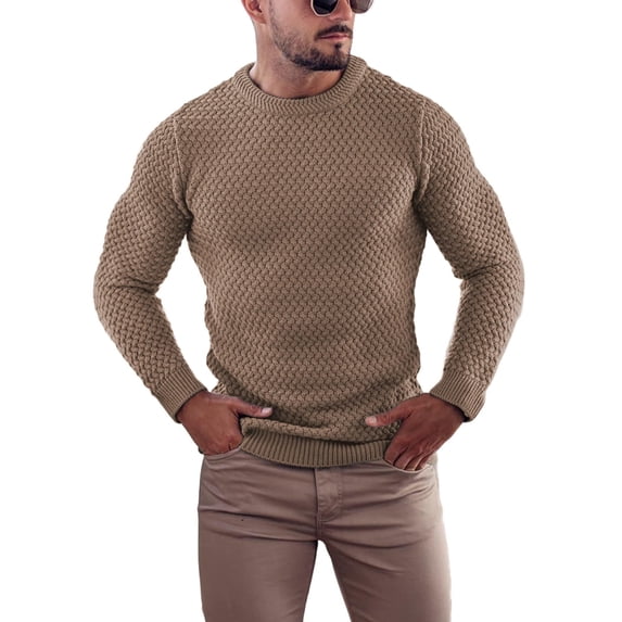 COOFANDY Men's White Sweater Cable Knitted Sweater Muscle Fitted Sweaters Crew Neck Pullover Knitwear