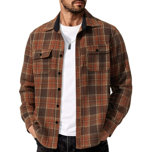 COOFANDY Men's Winter Shirt Plaid Shacket Flannel Plaid Jacket Long Sleeve Fleece Shirts