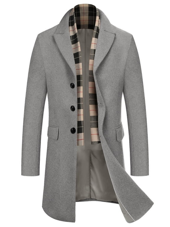 Men's Wool Blend Coat with Detachable Plaid Scarfs Notched Collar Single Breasted Pea Coat Trench Overcoat