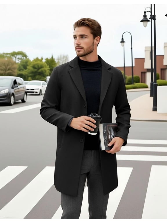 Men's Wool Blend Peacoat - Winter Trench Style, Notched Lapel & Single Breasted, with Pockets