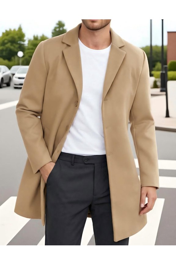 Men's Wool Blend Peacoat - Winter Trench Style, Notched Lapel & Single Breasted, with Pockets