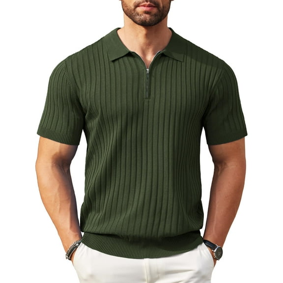 COOFANDY Men's Zipper Polo Shirts Short Sleeve Ribbed Knit Polo T Shirts Fashion Casual Golf Shirts Christmas