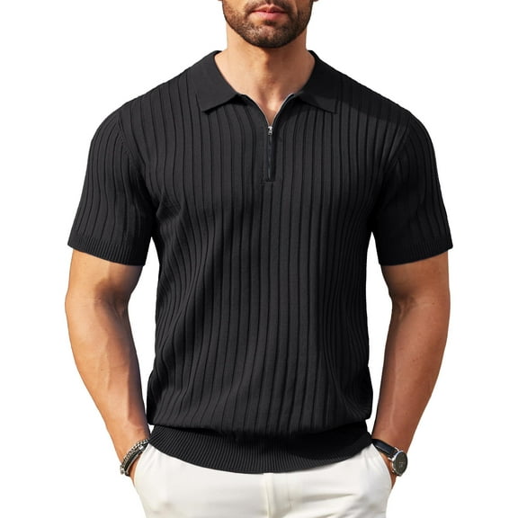 COOFANDY Men's Zipper Polo Shirts Short Sleeve Ribbed Knit Polo T Shirts Fashion Casual Golf Shirts