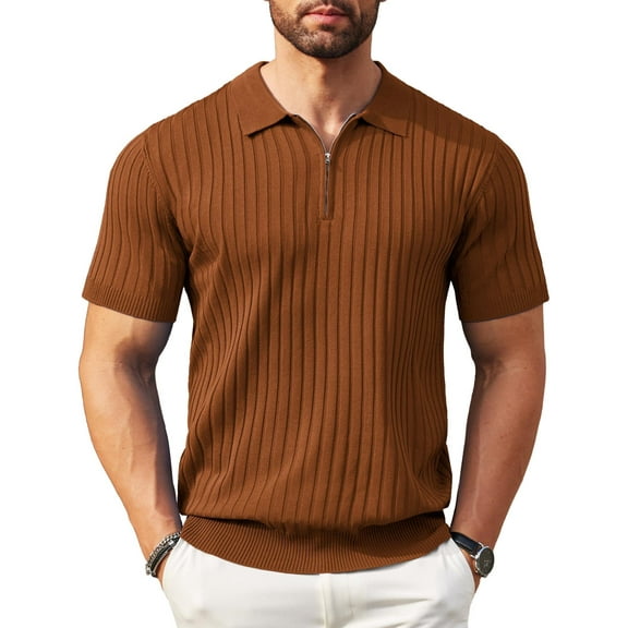 COOFANDY Men's Zipper Polo Shirts Short Sleeve Ribbed Knit Polo T Shirts Fashion Casual Golf Shirts