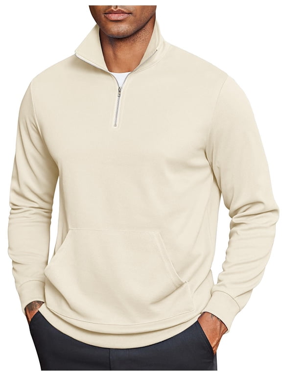 Men's Quilted Quarter Zip Pullover Long Sleeve Fashion Casual Slim Fit Polo Sweatshirt with Kangroo Pocket